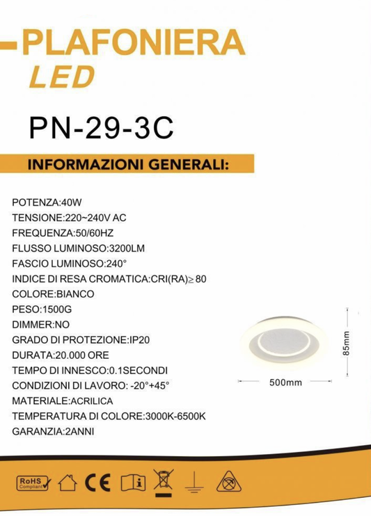 TEKHOME Plafoniera LED Soffitto 40W, Ø500mm Bianco Moderno, 3200LM, 3 Temperature Colore 3000K-6500K, Luce da Soffitto Non Dimmerabile, CRI≥80, IP20, per Soggiorno Camera Ufficio - PN-29-3C
