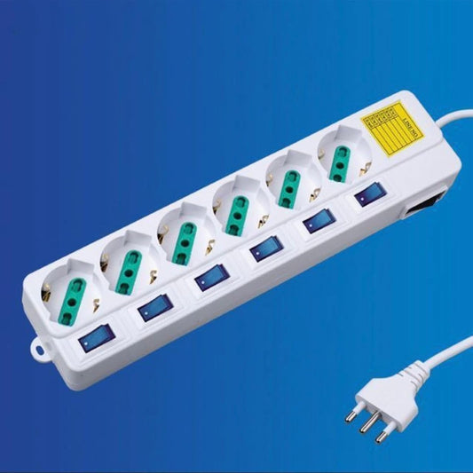2 Pezzi Multipresa Italiana 6 Posti Bipasso 10/16A con Interruttori Singoli, Presa Multipla con Controllo Individuale, Spina 16A, Cavo 1,5 m, Bianco– C-X203060