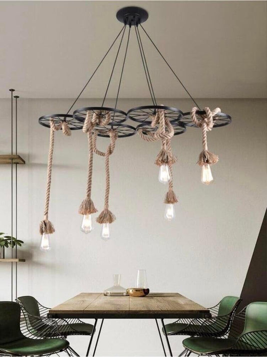 Lampadario a Sospensione Vintage in Corda, 6 Luci E27, Design Industriale Retro, Lampadario da Soffitto per Cucina, Sala da Pranzo, Bar, Ristorante, Altezza Regolabile A89-6