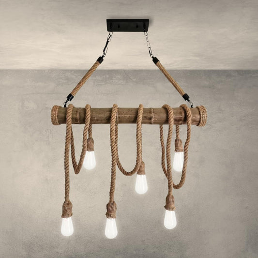 Lampadario Vintage Retro in Corda di Bambù con 6 Teste a Sospensione, Lampadario Corda Canapa Industriale E27 per Cucina Soggiorno Sala da Pranzo Bar Caffè Ristorante Pizzeria Locale B23-6