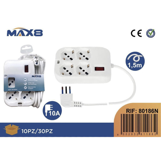 2 Pezzi– Multipresa Quadrata 4 Prese Universali 10A con Interruttore, Cavo 1,5 m, Spina Italiana Tipo L, Protezione da Sovraccarico, Bianca –80186N