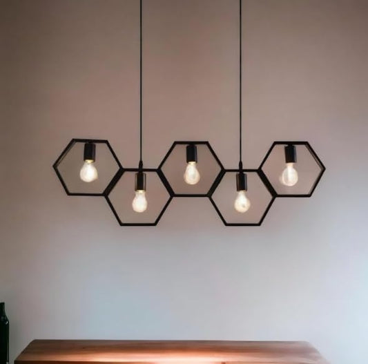 Lampadario Moderno a Sospensione in Ferro verniciato finish opaco 5 Attacchi per Lampadine 5xE27, Potenza max 1x60W 92x30 cm lunghezza filo 140 cm (Nero 5 Esagoni) LP-89N