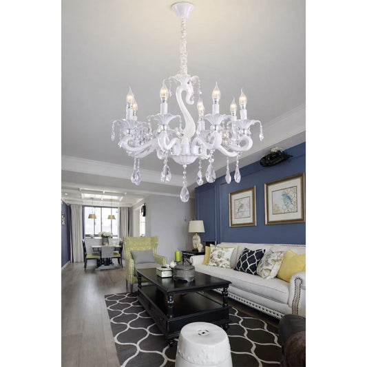 Lampadario in Cristallo Classico 8 Luci E14, Stile Elegante per Soggiorno e Sala da Pranzo, Metallo e Vetro, Ø69 cm, Bianco – A15-8