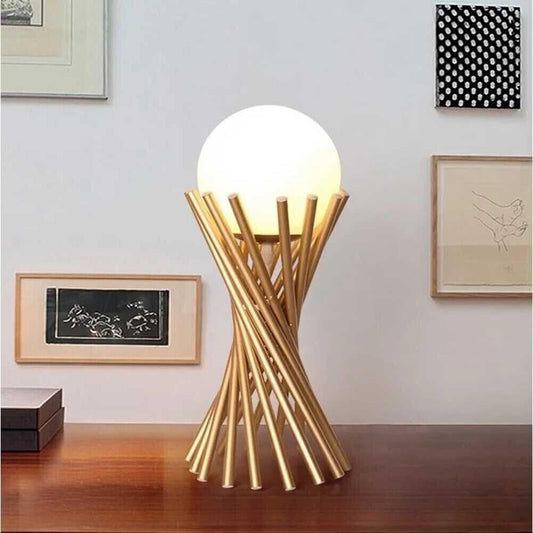 Lampada da tavolo in metallo tubolare sfera vetro G9 lume bronzo D32