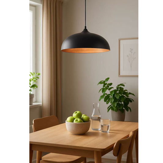 Lampadario a sospensione stile contemporaneo in metallo pendente a cupola attacco E27 luce tavolo cucina di colore nero o bianco Ø35 cm B90