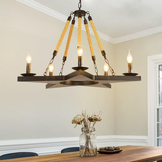 Lampadario Industriale Vintage a 5 Luci, Attacco E14, Design in Metallo e Corda, Ø80 cm, Altezza 125 cm, Ideale per Sala da Pranzo, Cucina, Soggiorno, Loft, Ristorante A39-5