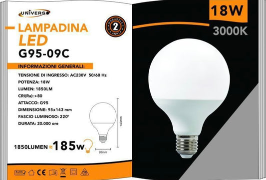 Lampadine LED E27 G95 18W 5 Pezzi, 1850LM, Naturale 4000K, Globo Grande Ø95 mm, Risparmio Energetico, CRI>80, Accensione Istantanea, Serie G95-09