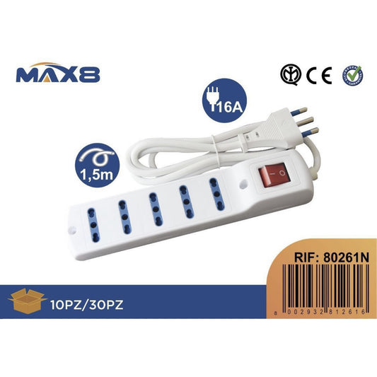 2 Pezzi Multipresa 5 Prese Bipasso 10/16A con Interruttore Luminoso, Cavo 1,5 m, Presa Italiana Tipo L, Colore Bianco – Modello 80261N