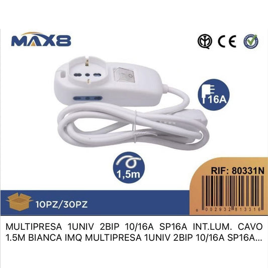 2 Pezzi Multipresa Universale con 1 Presa Schuko + 2 Prese Bipasso 10/16A, Interruttore Luminoso, Spina Italiana Tipo L, Cavo 1,5 m, Colore Bianco – Modello 80331N