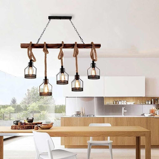 Lampadario 5 portalampada in corda di canapa metallo e27 country vintage a91-5
