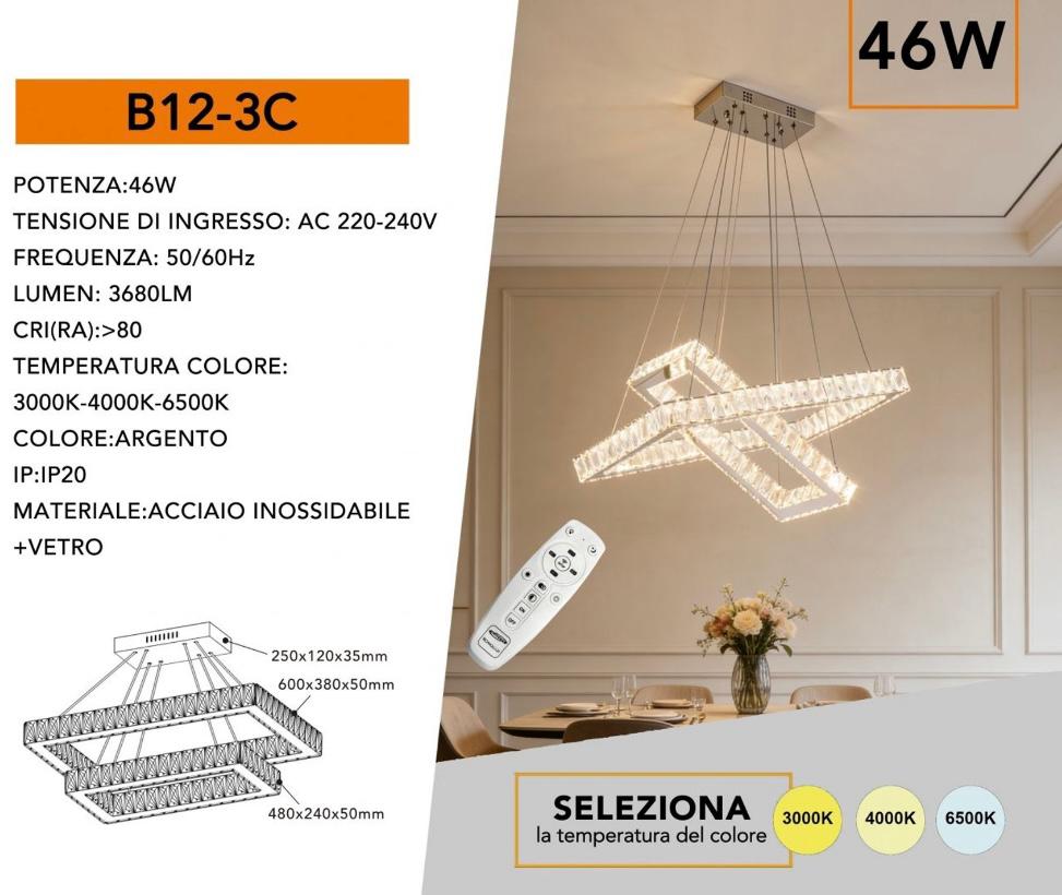 Lampadario LED Moderno a Sospensione 46W Design Geometrico con Telecomando, CCT 3000K 4000K 6500K, Lampada Elegante per Soggiorno Sala da Pranzo Cucina – B12-3C