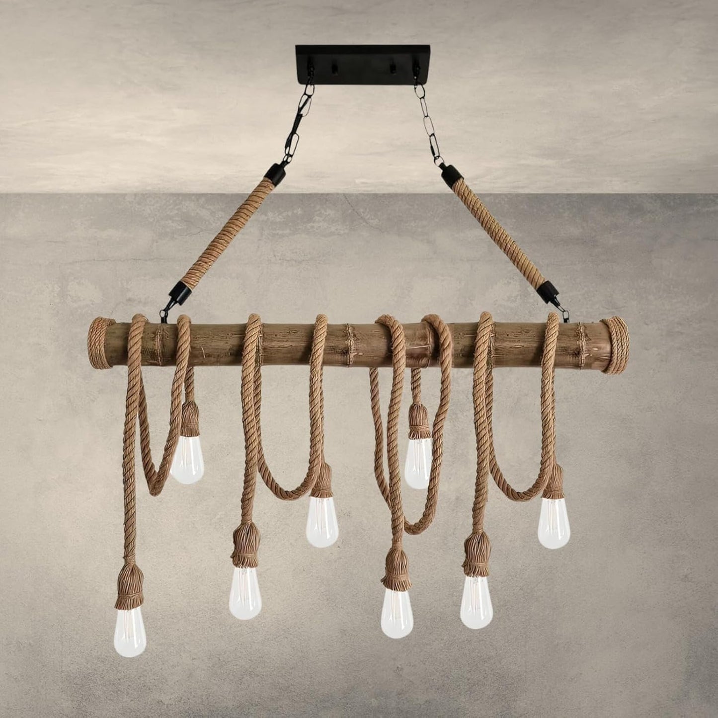Lampadario Vintage Retro in Corda di Bambù con 8 Teste a Sospensione, Lampadario Corda Canapa Industriale 60W E27 per Cucina Soggiorno Sala da Pranzo Bar Caffè Ristorante Pizzeria Locale B23-8