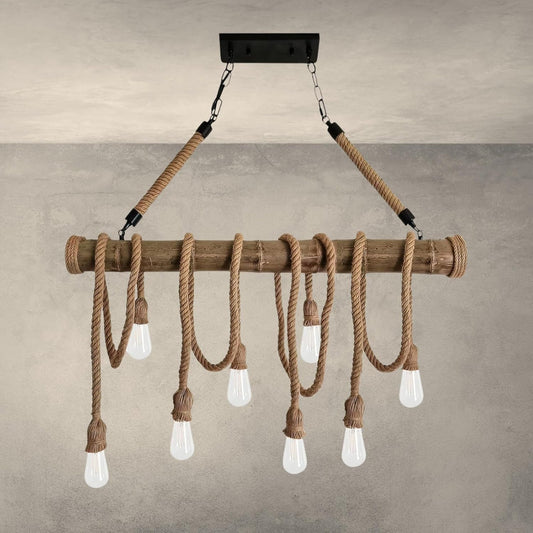 Lampadario Vintage Retro in Corda di Bambù con 8 Teste a Sospensione, Lampadario Corda Canapa Industriale 60W E27 per Cucina Soggiorno Sala da Pranzo Bar Caffè Ristorante Pizzeria Locale B23-8