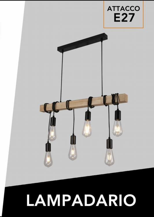 TEKHOME Lampada Sospesa a Soffitto con Paralume in Legno, Lampadario Design Industriale/Scandinavo con Attacco E27, per Cucina Isola Tavolo Bar, 110-240V, (Lampadina Non Inclusa) B47-6
