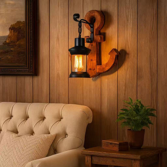 TEKHOME Applique da Muro Vintage in Legno a Forma di Ancora, Portalampada E27, Design Industriale Rustico con Vetro, Lampada da Parete Interni per Ristorante, Soggiorno e Corridoio – Modello E54