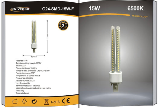 Lampadine LED G24 15W 6500K, Confezione da 5 Pezzi, 1500LM, Luce Bianca Fredda, Attacco G24, 360°, Sostituzione Lampade CFL PL, Accensione Istantanea, Non Dimmerabile, Modello G24-SMD-15W-F