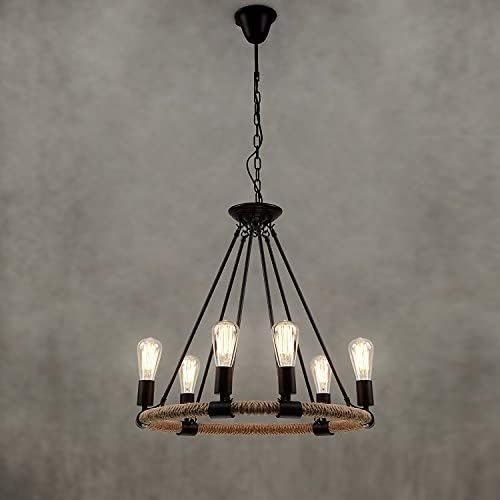 Lampadario Industriale a Sospensione 6 Luci E27, Design Rustico Vintage con Corda di Canapa, Ø60cm, Lampadario per Cucina, Sala da Pranzo, Soggiorno, Ristorante – Struttura in Metallo Nero A20