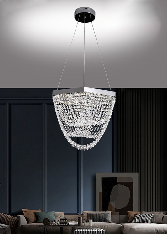 TEKHOME Lampadario a Sospensione con Cristalli, Lampadario LED Soffitto 35W 2800LM, Luce Fredda 6500K, Acciaio Inox Bianco, per Soggiorno Sala da Pranzo B74-F