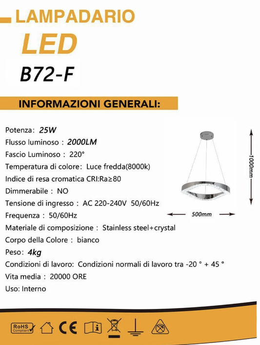 TEKHOME Lampadario a Sospensione Moderno con Cristalli, Lampadario LED Soffitto 25W 2000LM, Luce Fredda 8000K, Acciaio Inox Bianco e Cristallo, per Cucina Soggiorno B72-F