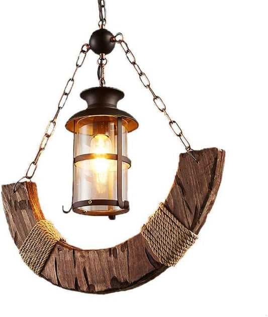 Lampadario a sospensione in legno e corda di canapa con lanterna stile country rustico B51