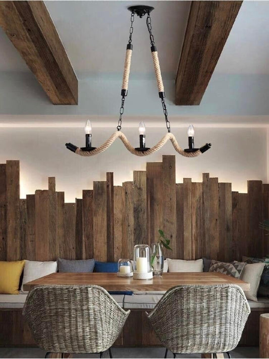 Lampadario Industriale in Corda 3 Luci E14, Lampadario a Sospensione Vintage Rustico, Lampada da Soffitto per Cucina Sala da Pranzo Soggiorno, Altezza Regolabile A40-3