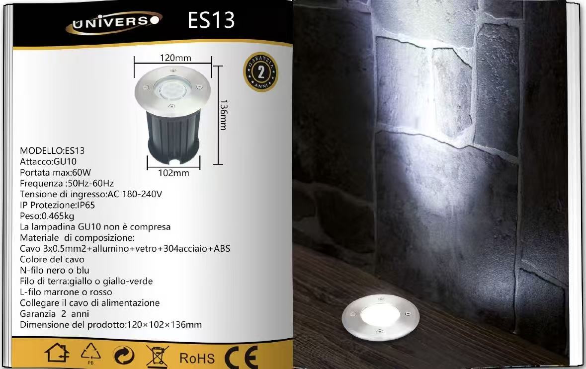 Faretto da Incasso a Terra GU10 IP65 60W, Lampada da Terra per Esterni in Acciaio Inossidabile e Alluminio, Impermeabile, per Giardino, Vialetto, Terrazz ES13