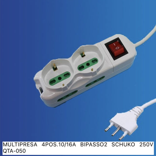 2 Pezzi Multipresa 4 Prese Bipasso 10/16A + 2 Prese Schuko, con Interruttore Luminoso, Spina Italiana Tipo L 250V, Colore Bianco – Modello X203073