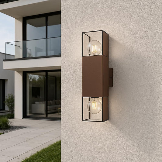 Applique da Esterno IP44 con Attacco E27, Lampada da Parete in Alluminio e Acrilico, 2xE27 12W, Design Moderno Doppia Luce Su e Giù, per Facciata, Giardino e Balcone – Colore Ruggine ESM-01C