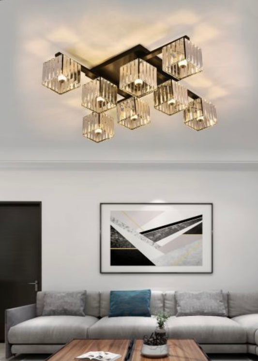 TEKHOME Lampadario da Soffitto 8 Luci E27, Stile Moderno Quadrato in Cristallo, Attacco E27 Max 60W, Struttura in Metallo Nero, Senza Lampadine, per Soggiorno Sala da Pranzo Interni C28-8