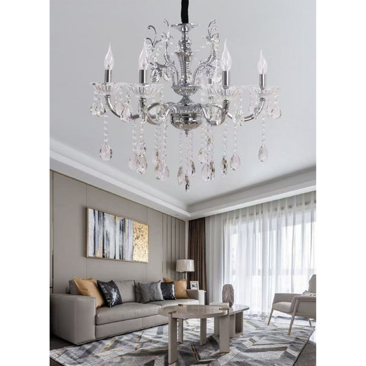 Lampadario Classico in Cristallo, 6 Luci E14, Stile Elegante per Soggiorno e Sala da Pranzo, Lampadario da Soffitto in Alluminio e Vetro – A18-A