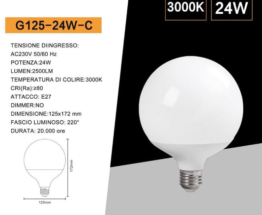 Lampadine LED E27 G125 24W, Confezione da 6 Pezzi, 2500LM, Globo Grande Ø125 mm, Naturale 4000K, CRI>80, Angolo 220°, Risparmio Energetico, Modello G125-24W