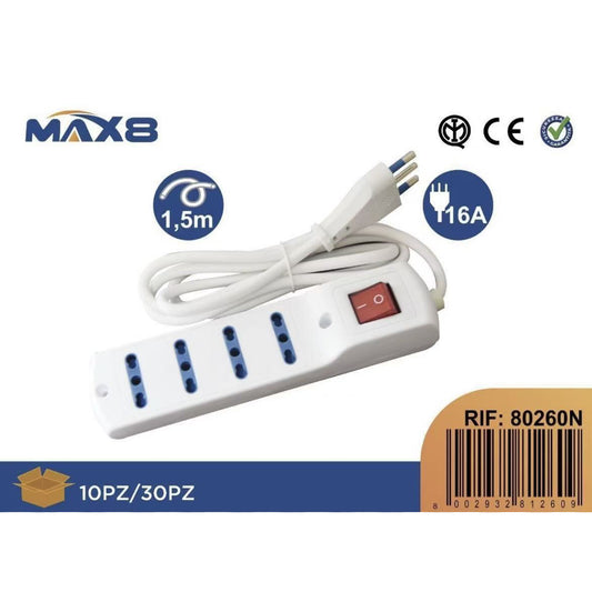 2 Pezzi Multipresa 4 Uscite Bipasso 10/16A con Interruttore Luminoso, Cavo 1,5 m, Spina Italiana 16A, Ciabatta Elettrica Bianca per Casa e Ufficio – 80260N