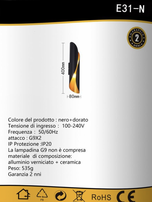 TEKHOME Applique da Parete Moderna 2×G9, Lampada da Muro Design Nero e Dorato, Senza Lampadina Inclusa, in Alluminio e Ceramica, per Camera da Letto, Soggiorno e Corridoio E31-N