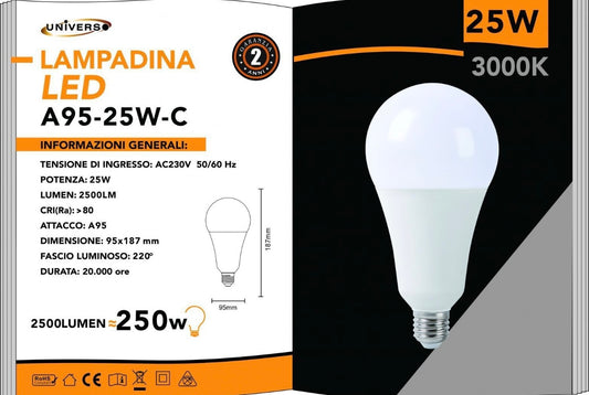 Lampadine LED E27 A95 25W 6 Pezzi, 2500LM, Naturale 4000K, Grande Formato A95, Alto Risparmio Energetico, Accensione Istantanea, Serie A95-25W