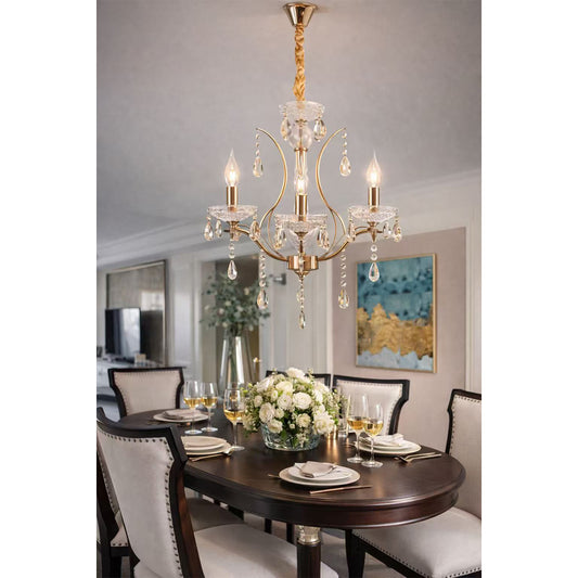 Lampadario Classico in Cristallo 3 Luci E14, Stile Elegante per Sala da Pranzo e Soggiorno, Struttura in Metallo e Vetro Trasparente – A60-3