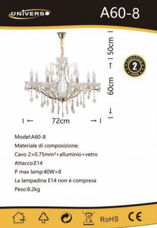 TEKHOME Lampadario Sospeso Lineare a 8 Luci con Design Moderno e Paralumi in Vetro, Struttura Allungata in Oro, Attacco E14 40W, per Sale da Pranzo Lunghe e Open Space, 150x60cm, Oro A60-8