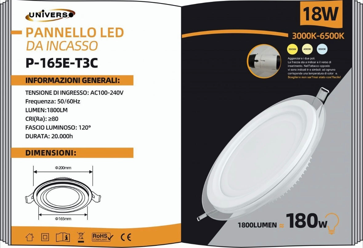 Faretto LED da Incasso Rotondo 18W 1800LM, 3 Colori Selezionabili 3000K 4000K 6500K, Pannello LED Ø200mm, Foro Ø165mm, Fascio 120°, CRI≥80, 1 Pezzo, P-165E-T3C