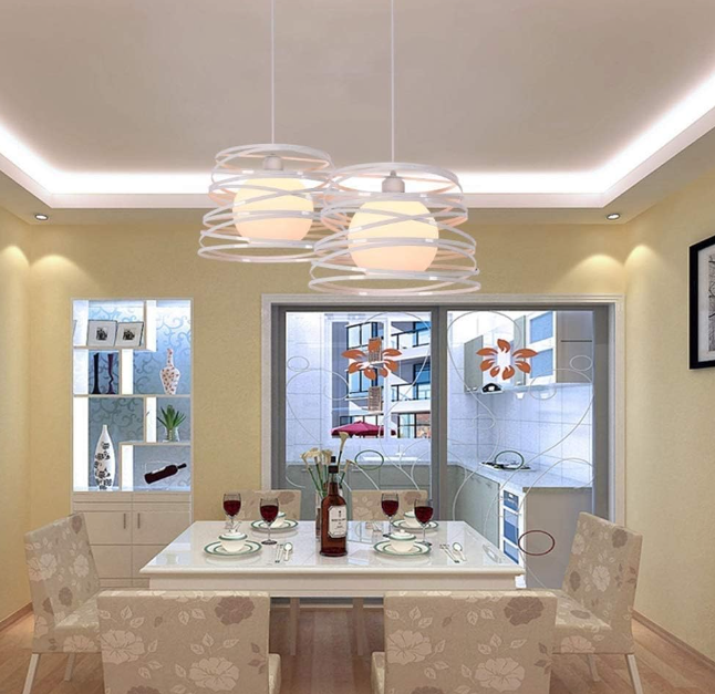 Lampadario a Sospensione E27 Moderno, Lampada a Soffitto Design Industriale in Metallo per Cucina Isola Tavolo da Pranzo, Stile Minimal con Paralume a Spirale, No Lampadina A08