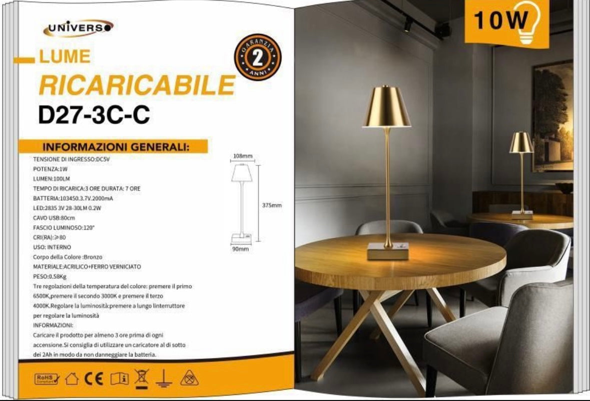 Lampada da Tavolo Ricaricabile LED – Senza Fili, 3 Temperature di Colore, Dimmerabile Touch, USB, Moderna per Ristorante, Camera, Comodino D27-3C