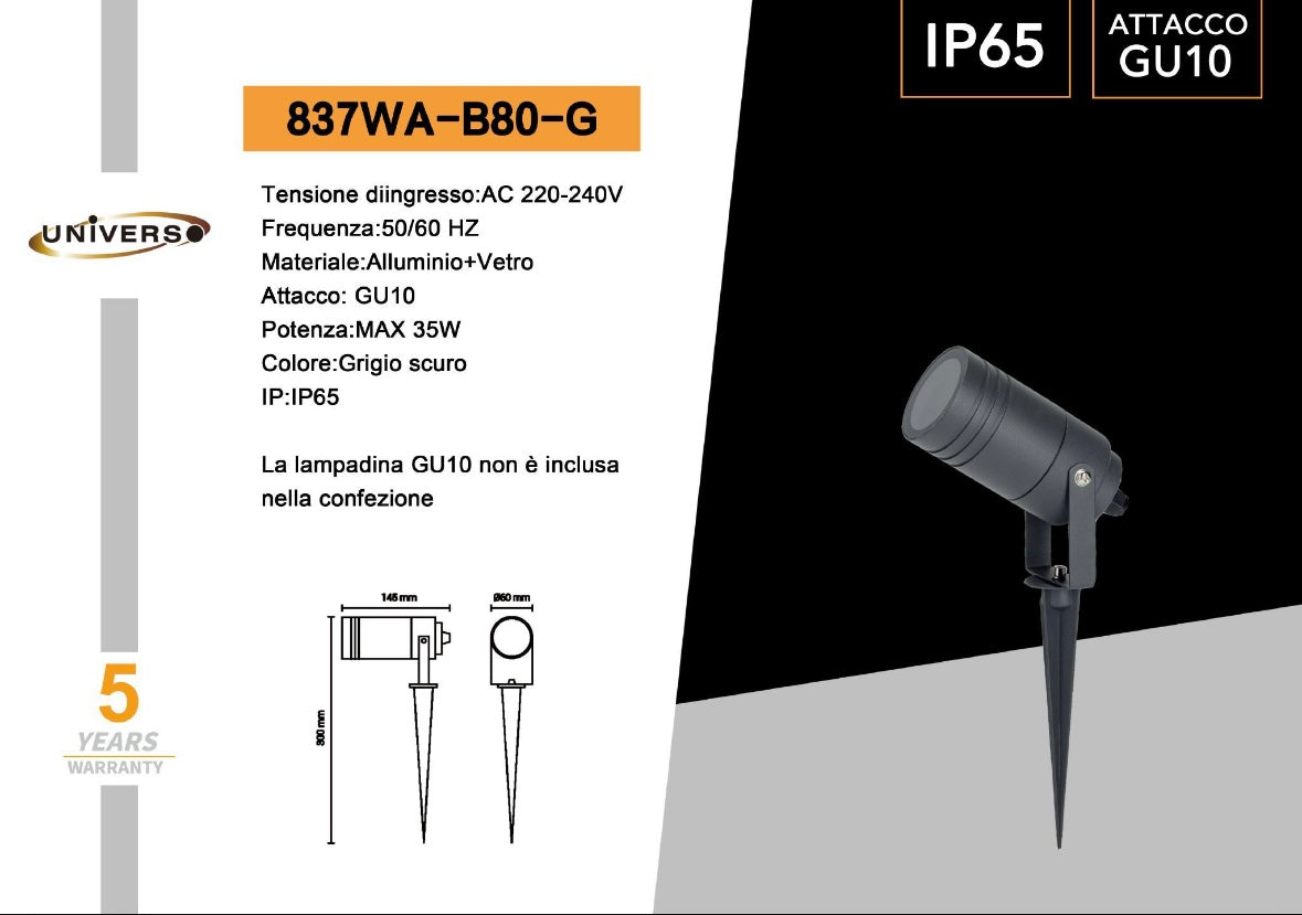 Faretto da Giardino con Picchetto GU10, IP65 Impermeabile, Orientabile, Corpo in Alluminio, Spot da Esterno per Giardino/Siepi/Vialetti – Attacco GU10 (Lampadina Non Inclusa) 837WA-B80-G