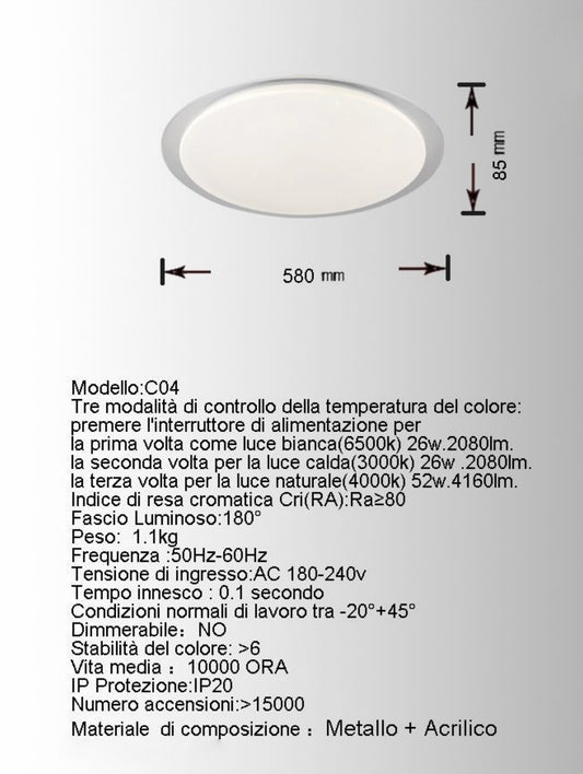 TEKHOME Lampada da Soffitto LED Ø580mm / 26-52W / 3000K-6500K / Modello C04 – 3 Colori Selezionabili – Plafoniera Moderna in Acrilico e Metallo per Camera, Cucina, Soggiorno C04