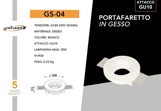 Portafaretto in Gesso da Incasso GU10, Faretto da Soffitto Verniciabile, Bianco, IP20, Max 35W – Design Minimal per Cartongesso GS-04