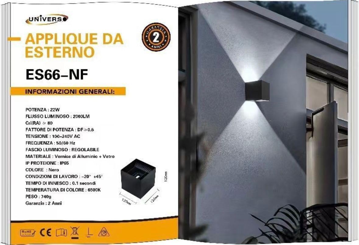 Applique da Esterno LED 22W IP65 – Lampada da Parete Moderna Up&Down Regolabile, Alluminio, 2000 Lumen, Bianco/Nero/Grigio, Luce 3000K/4000K/6500K ES66