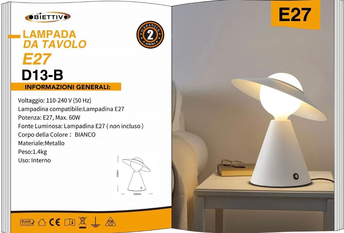 Lampada da Tavolo E27 – Design Moderno con Paralume Inclinato, Lampada da Comodino in Metallo, per Camera da Letto, Soggiorno, Studio D13
