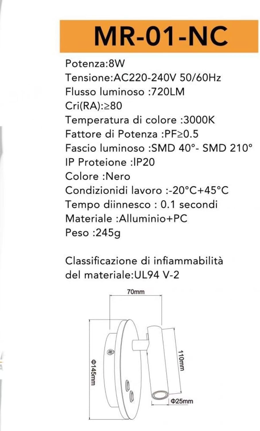 Applique da Muro LED 8W 3000K, Orientabile Rotonda, Bianco/Nero, Moderno Design per Camera da Letto, Corridoio, Soggiorno, Lampada da Parete Interno MR-01