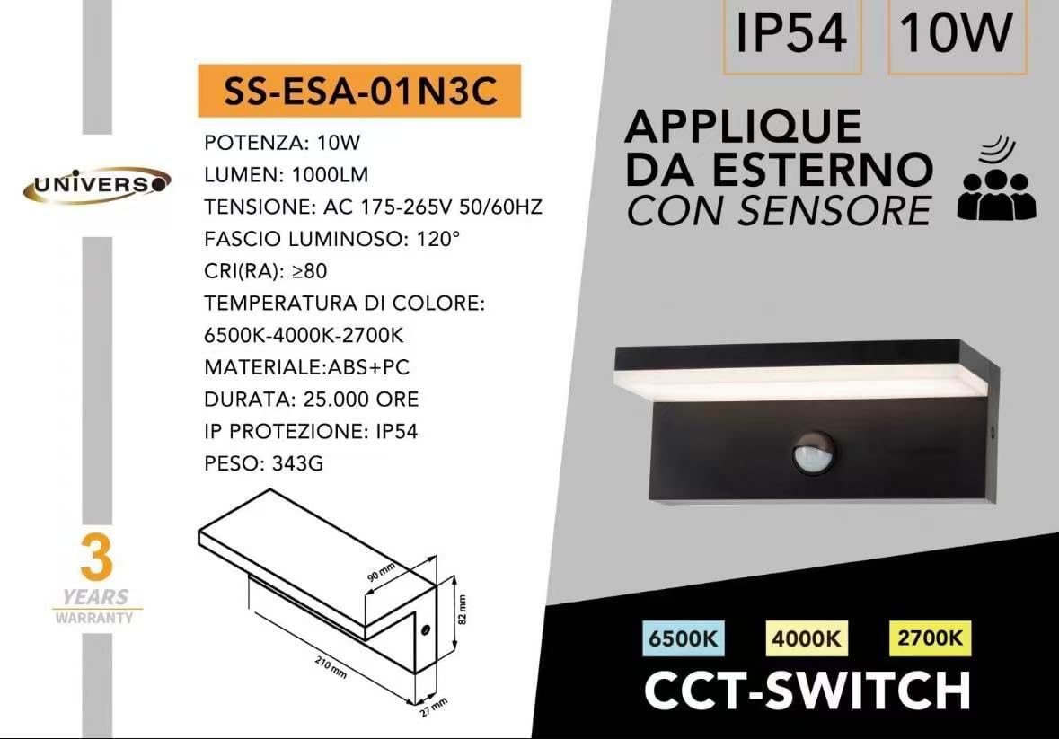 Applique LED da Esterno con Sensore di Movimento, 10W 1000LM CCT 2700K-6500K, Lampada da Parete Impermeabile Moderna in ABS+PC, per Giardino, Balcone e Ingresso – Bianco/Nero SS-ESA-01