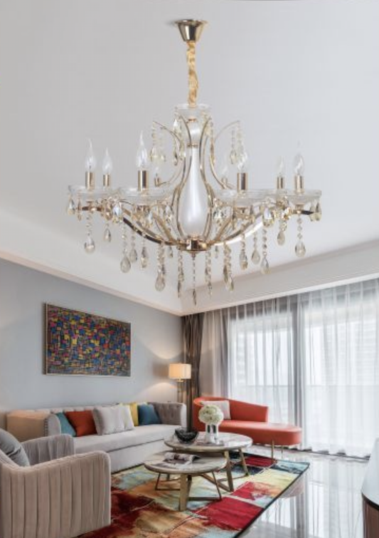 TEKHOME Lampadario Sospeso Lineare a 8 Luci con Design Moderno e Paralumi in Vetro, Struttura Allungata in Oro, Attacco E14 40W, per Sale da Pranzo Lunghe e Open Space, 150x60cm, Oro A60-8