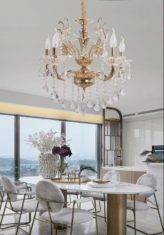 TEKHOME Lampadario Sospeso Design con 5 Luci, Vetro e Struttura Oro, Attacco E14, 40W Max per Lampada, per Interni, Dimensioni 56x53cm (Lampadine Non Incluse) A12-O