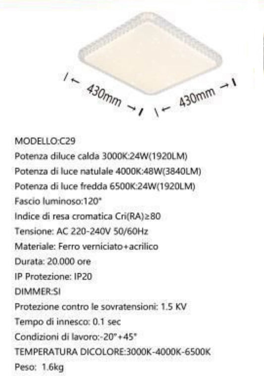 TEKHOME Plafoniera LED da Soffitto 48W Dimmerabile, Forma Quadrata, 3 Colori Selezionabili 3000K-4000K-6500K, Protezione Sovratensione, per Camera Soggiorno Cucina, Bianca C29