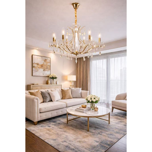 Lampadario Classico in Cristallo 8 Luci E14, Stile Elegante per Soggiorno e Sala da Pranzo, Struttura in Alluminio e Vetro – A60-8